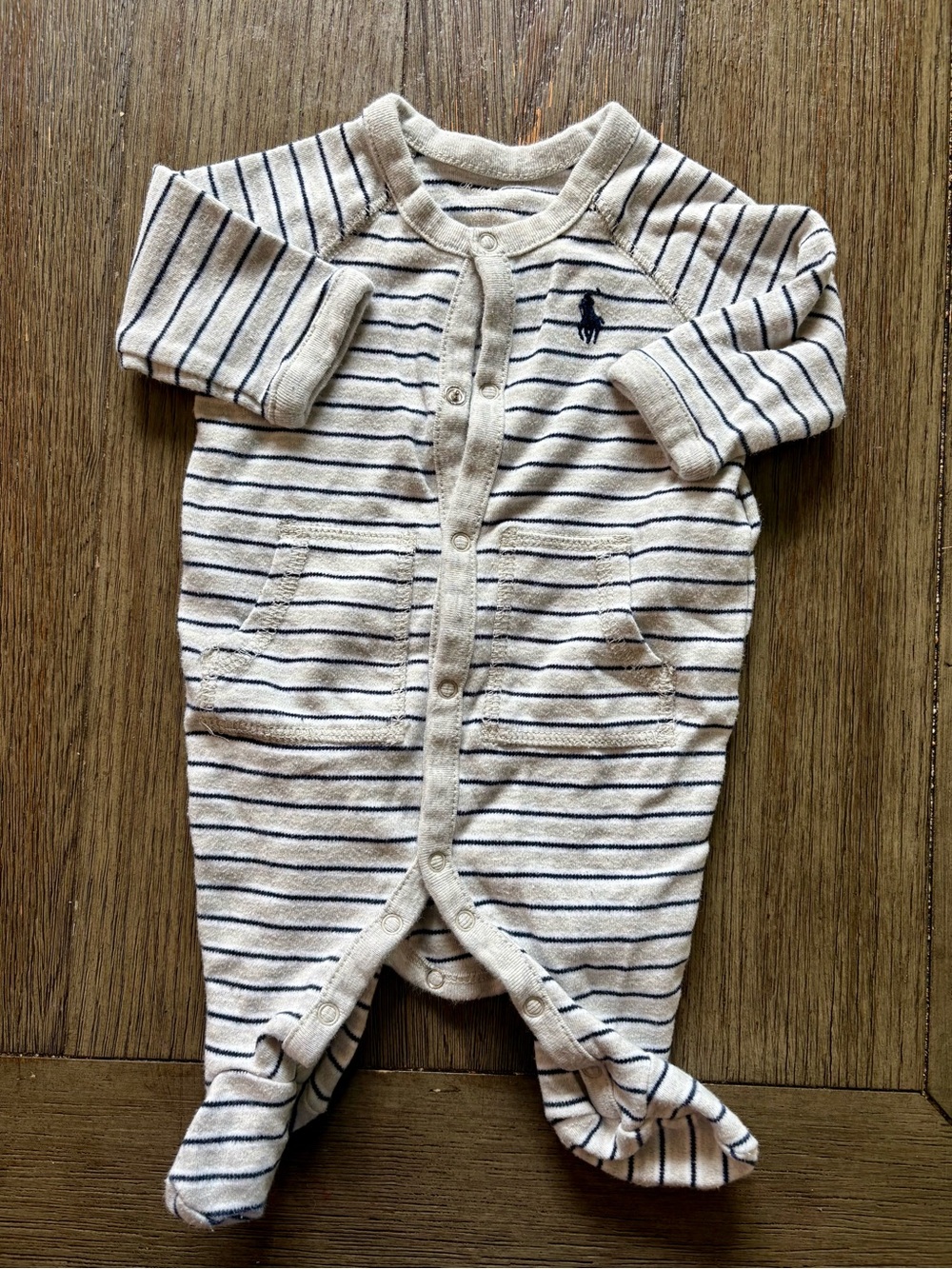 Ralph Lauren Grey & Navy Stripe Baby Snap Front Footie- NB